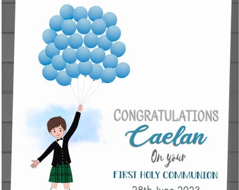 Personalised Scottish Kilt First Holy Communion Religious Ceremony Card Boys with  Balloons