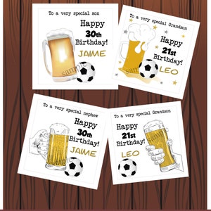 Carte de voeux personnalisée d'anniversaire de football de bière/fils, neveu, mari, oncle, petit-fils, papa