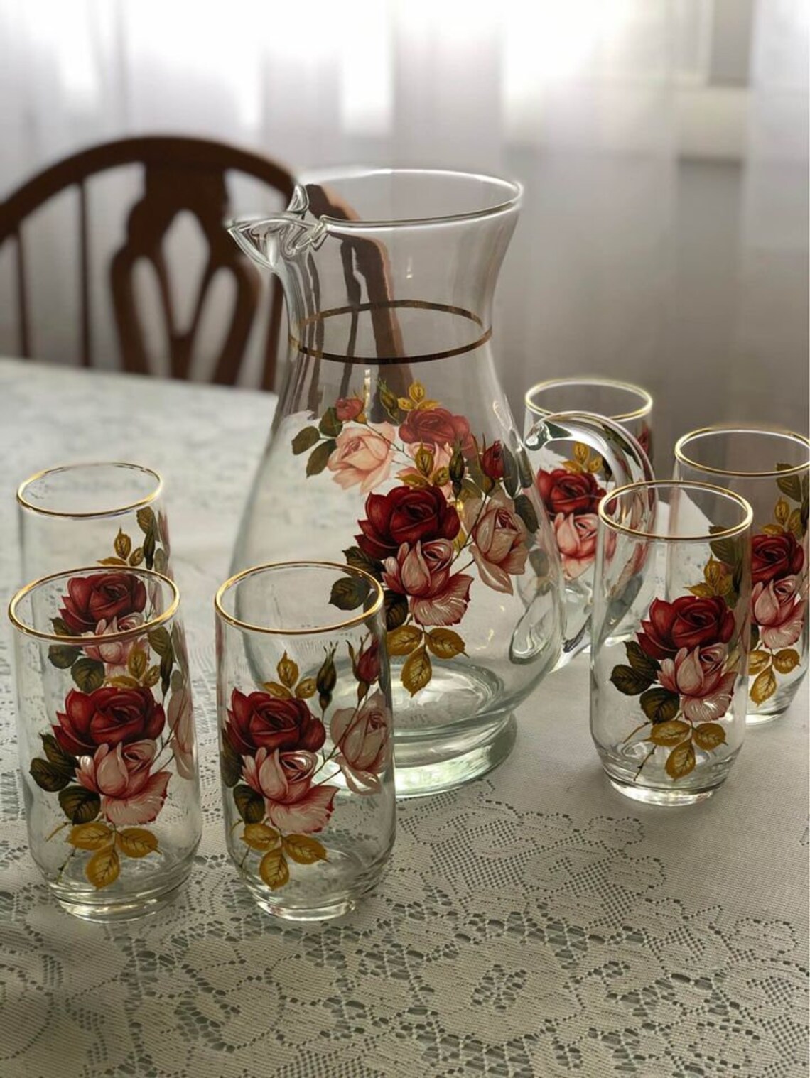 Vintage Glass Flower Pitcher with Matching Glasses Etsy