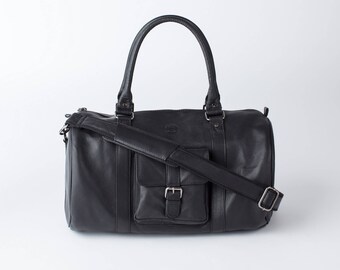 LEATHER DUFFLE BAG -  Vintage style black leather holdall duffel weekend bag carry on flight luggage gift