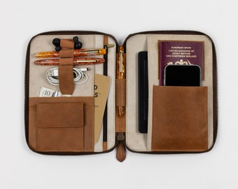 PORTEFEUILLE DE VOYAGE EN CUIR personnalisé (moyen) (brun havane) pour iPad Mini, étui pour passeport folio Kindle, organiseur de documents et organiseur de portefeuille