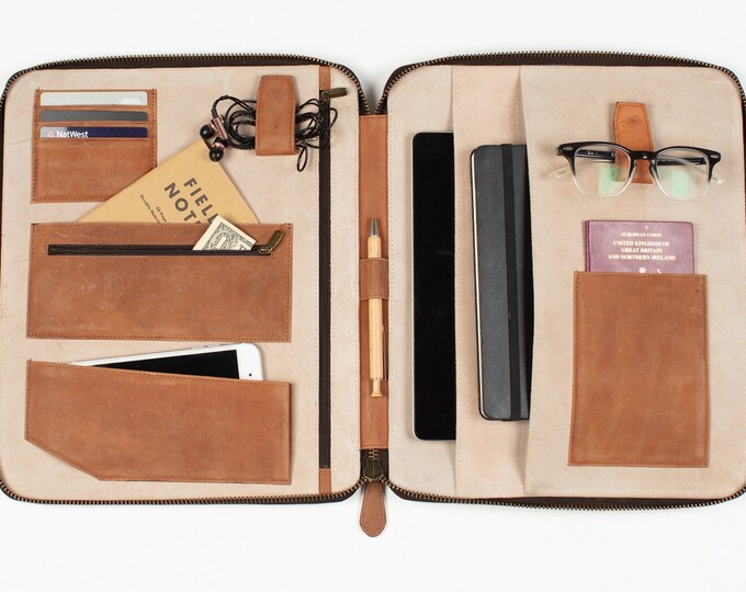 LEATHER TRAVEL WALLET Personalized medium brown Tan Ipad Etsy