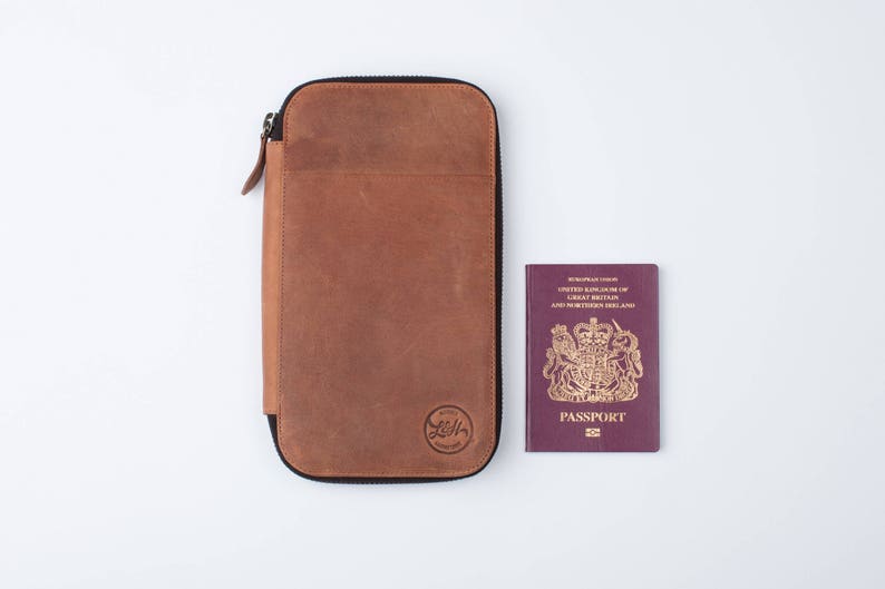 LEATHER TRAVEL WALLET Personalized small passport holder folio portfolio zip closure secure document organiser real genuine image 4