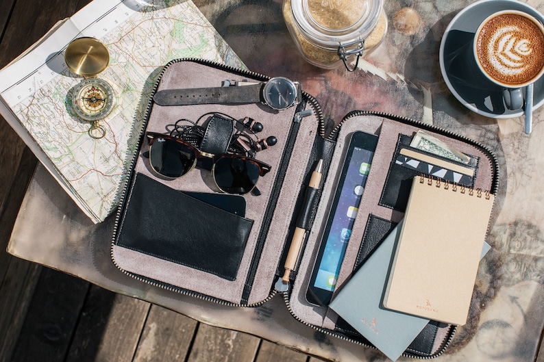 LEATHER TRAVEL WALLET Personalized medium black iPad Mini Etsy