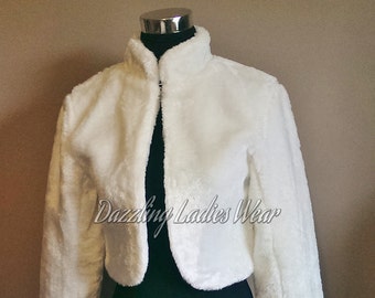 Long Sleeved Faux Fur Bolero / Shrug / Jacket / Shawl / Wrap / Weddings Satin Lining - UK 4-24 / US 1-20 Colours available : Black or Ivory