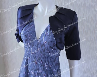 Navy/Dark Blue Satin Bolero Fully Lined - UK 2-24/US 0-20 Shrug/Cropped Jacket/Wrap/Shawl/Stole/Tippet - Pleated neck