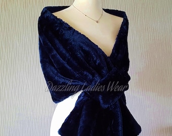 Navy Dark Blue Soft Faux Fur Stole / Wrap / Shawl / Bolero / Shrug - Satin Lining - Weddings/bridal/Formal