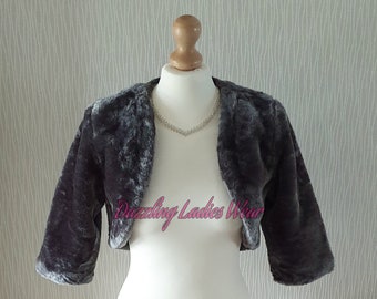 Dark Grey Faux Fur Bolero 3/4 Sleeves / Shrug / Cropped Jacket / Shawl / Wrap / Weddings Satin Lining UK 4-26, US 1-24, EUR 32-54 Gray