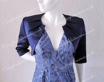 Dark Blue Satin Bolero Fully Lined - UK 2-24/US 0-20 Shrug/Cropped Jacket/Wrap/Shawl/Stole/Tippet - Pleated neck