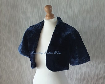 Dark Blue Faux Fur Bolero Mid/Half Sleeved / Shrug / Jacket / Shawl / Wrap / Weddings Full Satin Lining - UK 4-26, US 2-24, EUR 32-54