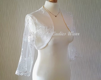 Ivory Lace & Satin Bolero 3/4 Sleeves / Shrug / Wedding Cropped Jacket / Wrap Fully Lined - UK 4-26