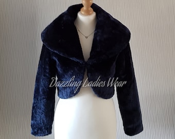 Navy Dark Blue Long Sleeved Faux Fur Bolero Large Collar / Shrug / Jacket / Shawl / Wrap / Weddings Satin Lining  UK 4-26