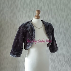 Grey Faux Fur Bolero 3/4 Sleeves / Shrug / Cropped Jacket / Shawl / Wrap / Weddings Satin Lining - UK 4-26, US 2-24, EUR 32-54 Gray Formal