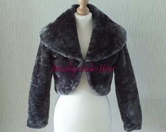 Dark Grey Long Sleeved Faux Fur Bolero Large Collar / Shrug / Jacket / Shawl / Wrap / Weddings Satin Lining  UK 4-26