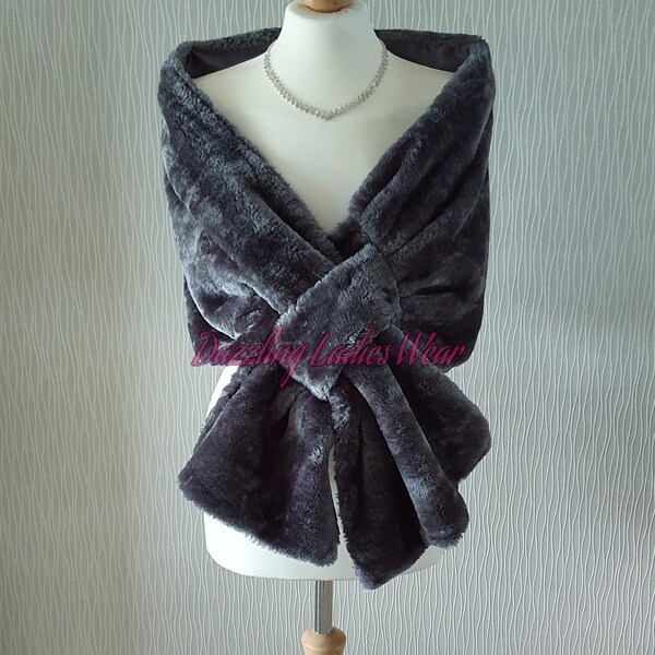 Dark Grey Soft Faux Fur Stole / Wrap / Shawl / Bolero / Shrug - Satin Lining Weddings/bridal/Formal gray