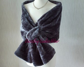 Dark Grey Soft Faux Fur Stole / Wrap / Shawl / Bolero / Shrug - Satin Lining - Weddings/bridal/Formal Gray