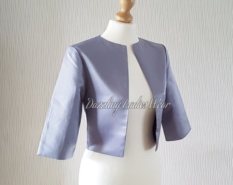 Silver Grey Satin Bolero / Shrug / Cropped Jacket /Wrap/Shawl Lined - UK 4-26 US 1-22