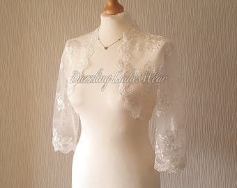 Ivory Embroidered Floral Lace Bolero 3/4 Sleeves / Shrug / Wedding Cropped Jacket / Wrap / Shawl - UK 6-28, US 2-24, EUR 34-56