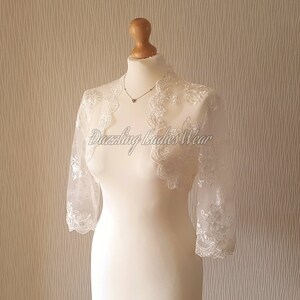 Ivory Embroidered Floral Lace Bolero 3/4 Sleeves / Shrug / Wedding Cropped Jacket / Wrap / Shawl - UK 6-28, US 2-24, EUR 34-56