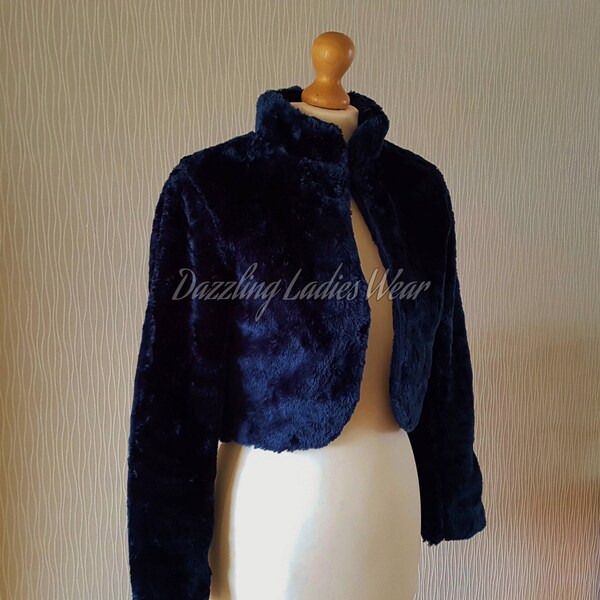 Navy Blue Long Sleeved Faux Fur Bolero / Shrug / Jacket / Shawl / Wrap / Weddings Satin Lining - UK 4-26