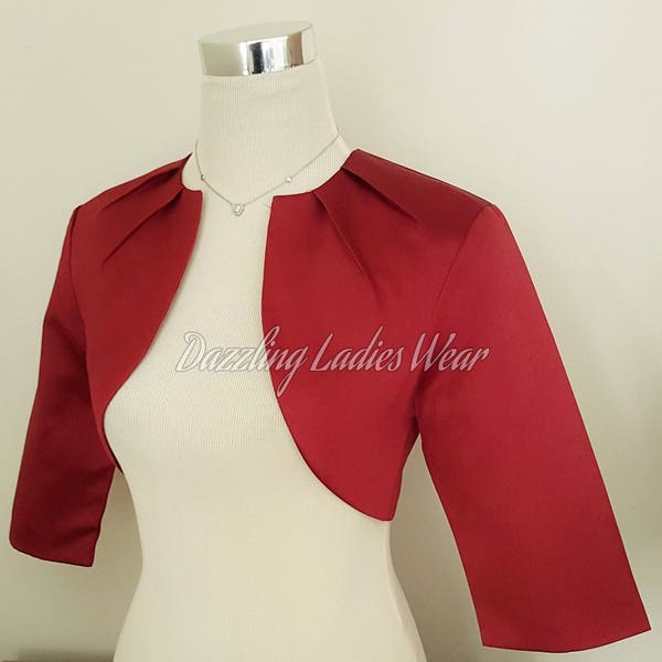 Burgundy/Dark Red Satin Bolero / Shrug / Cropped Jacket Fully Lined - UK 4-26/US 1-22 3/4 Sleeves - Formal/Wedding/Bridal Pleated Neck