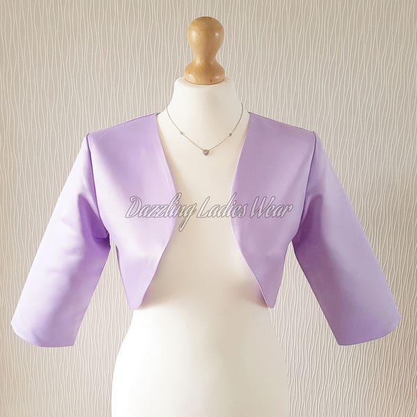 Boléro / Boléro / Veste courte en satin lilas entièrement doublé - Manches 3/4 UK 4-26/US 1-22 - Formel/Mariage/Nuptiale