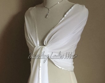 Ivory Large Chiffon Shawl / Wrap / Stole / Bolero / Shrug / Scarf / Pashmina  - Satin trim - Wedding/Bridal