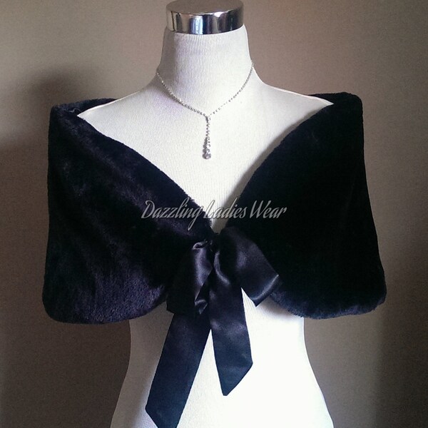 50's Style Kunstpelz Stola mit Band UK 8-20 / US 4-16 / Bolero / Shrug / Jacke / Schal / Wrap / Satinfutter Farbe: Schwarz oder Ivory