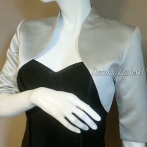 Light Silver/Grey Satin Bolero / Shrug / Cropped Jacket Fully Lined UK 4-26/US 1-22 3/4 Sleeves Formal/Wedding/Bridal image 2