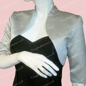 Light Silver/Grey Satin Bolero / Shrug / Cropped Jacket Fully Lined - UK 2-24/US 0-20 3/4 Sleeves - Formal/Wedding/Bridal