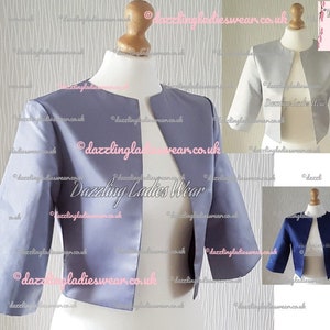 Satin Bolero / Shrug / Cropped Jacket /Wrap/Shawl Lined - UK 4-26 US 1-22 #4 Light silver / Mid silver grey / Navy blue