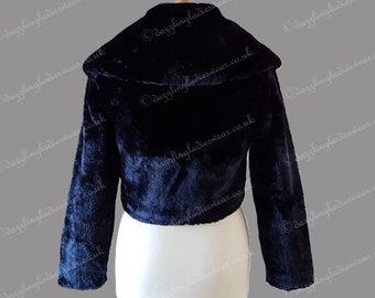 Navy Blue Long Sleeved Faux Fur Bolero Large Statement Collar Shrug Jacket Shawl Wrap Weddings Satin Lining UK 2 24