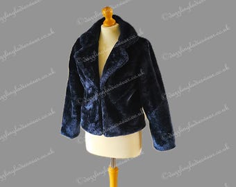 Navy Blue Long Sleeved Faux Fur Bolero / Shrug / Jacket / Shawl / Wrap / Weddings Satin Lining. - UK 4-26 #LB