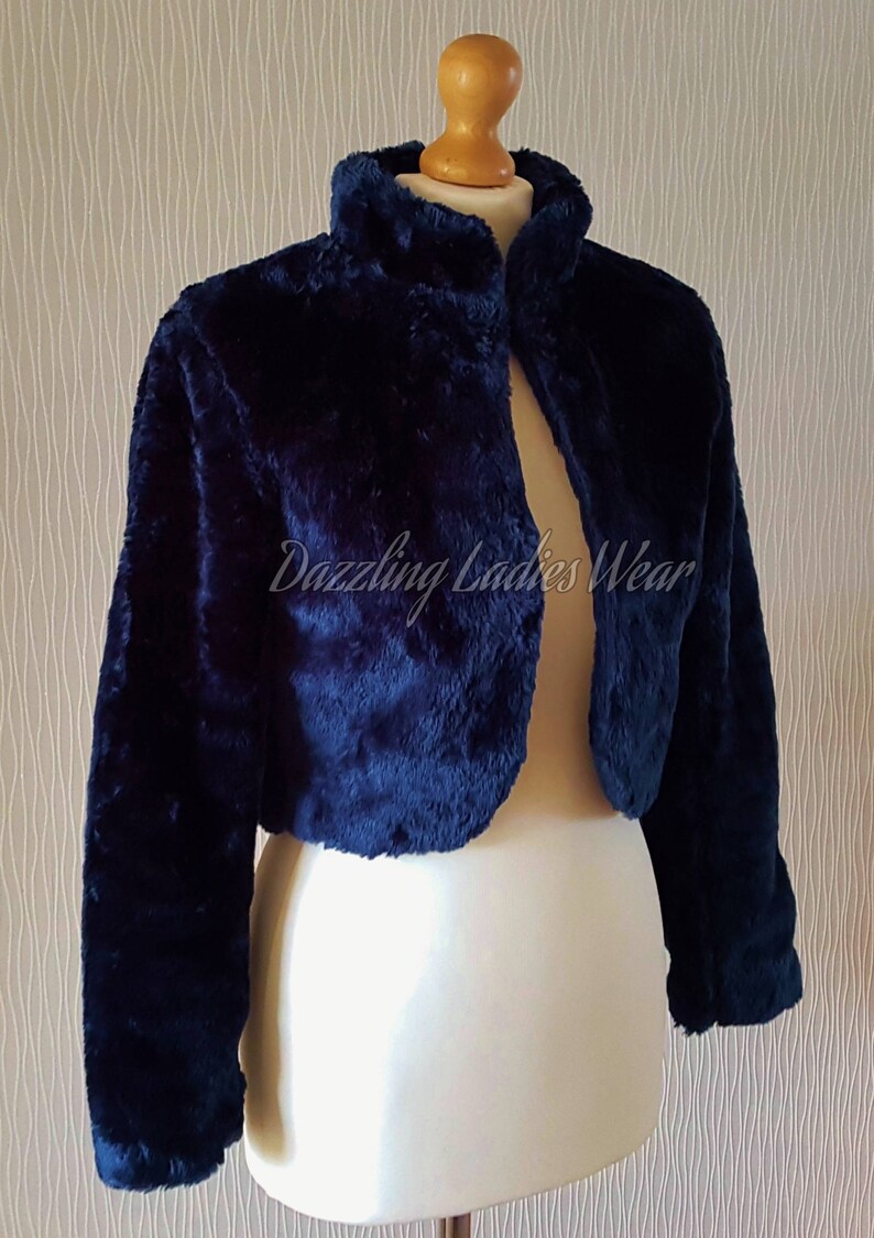 Navy Blue Long Sleeved Faux Fur Bolero / Shrug / Jacket / Shawl / Wrap / Weddings Satin Lining UK 4-26 zdjęcie 4