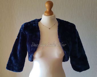 Dunkelblauer Kunstpelz Bolero 3/4 Ärmel / Shrug / Jacke / Schal / Wrap / Hochzeiten Vollsatin Futter - UK 4-26, US 2-24, EUR 32-54