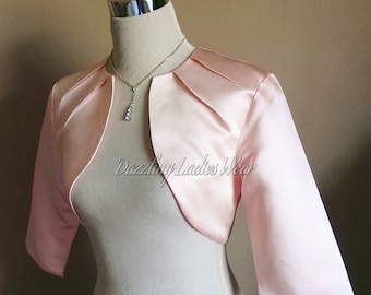 Light Pink Satin Bolero Fully Lined - UK 4-26/US 1-22 Shrug/Cropped Jacket/Wrap/Shawl - Pleated neck