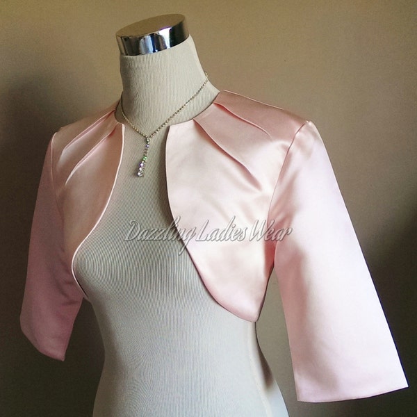 Light Pink Satin Bolero Fully Lined - UK 4-26/US 1-22 Shrug/Cropped Jacket/Wrap/Shawl - Pleated neck