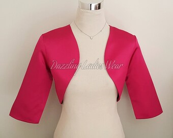 Raspberry Pink Satin Bolero / Shrug / Cropped Jacket Fully Lined - UK 4-26/US 1-22 3/4 Sleeves - Formal/Wedding/Bridal