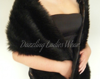 1920's Style Black Faux Fur Shawl / Wrap / Stole / Bolero / Shrug - Satin Lining - Wedding/Bridal/Formal.
