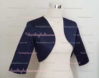 Navy/Dark Blue Satin Bolero Fully Lined - UK 4-26/US 1-22 Shrug/Cropped Jacket/Wrap/Shawl/Stole/Tippet