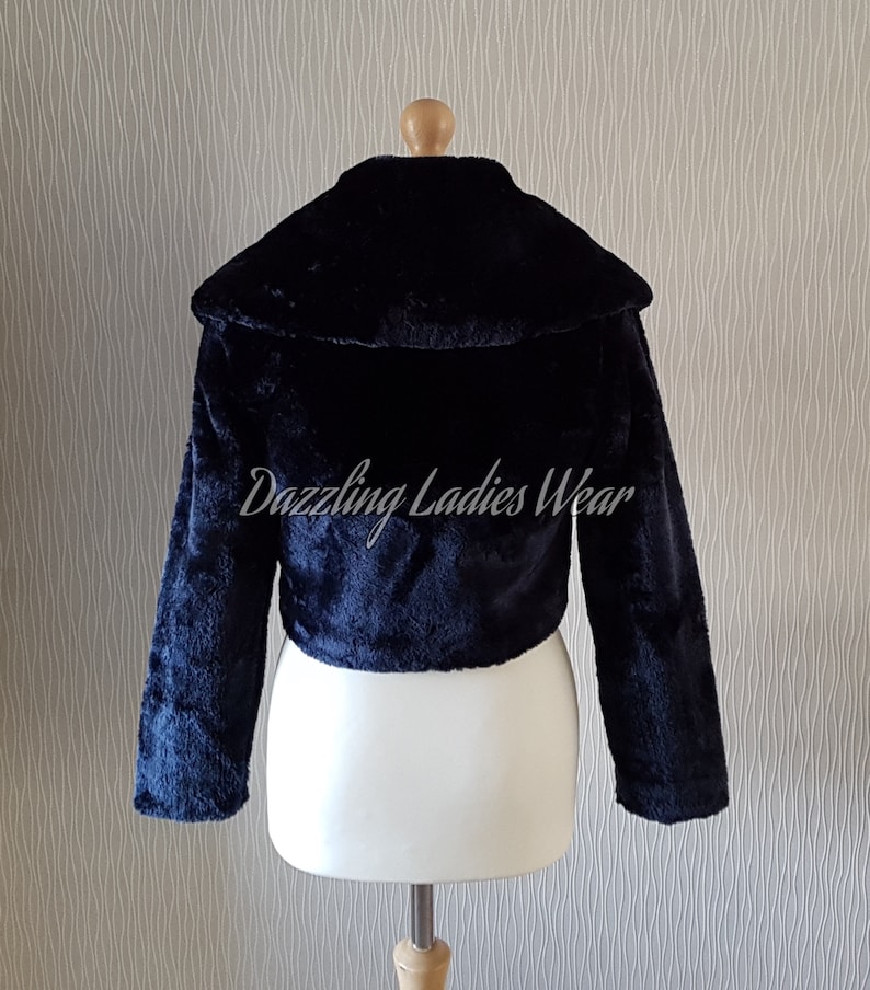 Miss Anne Faux Fur Long Sleeve Bolero in Navy, Black and Ivory