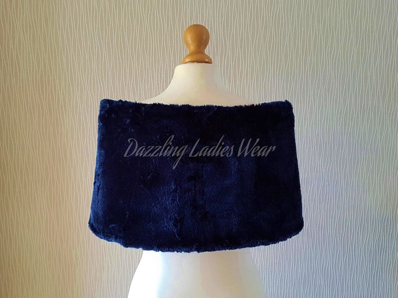 Navy / Dark Blue Faux Fur Stole With Ribbon UK 8-20/ US 4-16 / Bolero / Shrug / Jacket / Shawl / Wrap / Satin Lining image 3