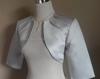 Light Silver/Grey Satin Bolero Fully Lined - UK 4-26/US 1-22 Shrug/Cropped Jacket/Wrap/Shawl