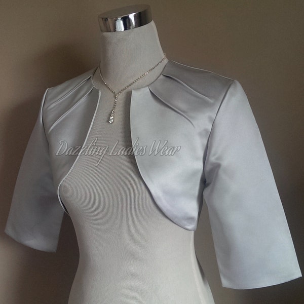 Light Silver/Grey Satin Bolero Fully Lined - UK 4-26/US 1-22 Shrug/Cropped Jacket/Wrap/Shawl