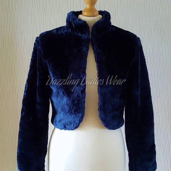 Navy Blue Long Sleeved Faux Fur Bolero / Shrug / Jacket / Shawl / Wrap / Weddings Satin Lining. - UK 4-26