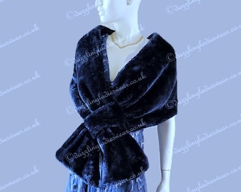 Navy Dark Blue Soft Faux Fur Stole / Wrap / Shawl / Bolero / Shrug - Satin Lining Weddings/bridal/Formal