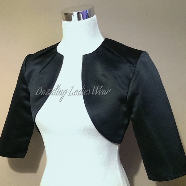 Black Satin Bolero Fully Lined - UK 4-26/US 1-22 Shrug/Cropped Jacket/Wrap/Shawl/Stole/Tippet - Pleated neck