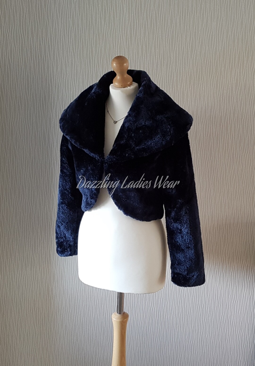 Navy Blue Long Sleeved Faux Fur Bolero Large Statement Collar / Shrug / Jacket / Shawl / Wrap