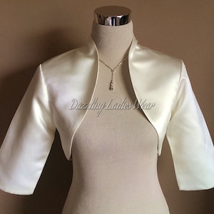 Ivory Satin Bolero Fully Lined 3/4 Sleeves / Shrug / Jacket / Shawl - UK 4-26/US 1-22