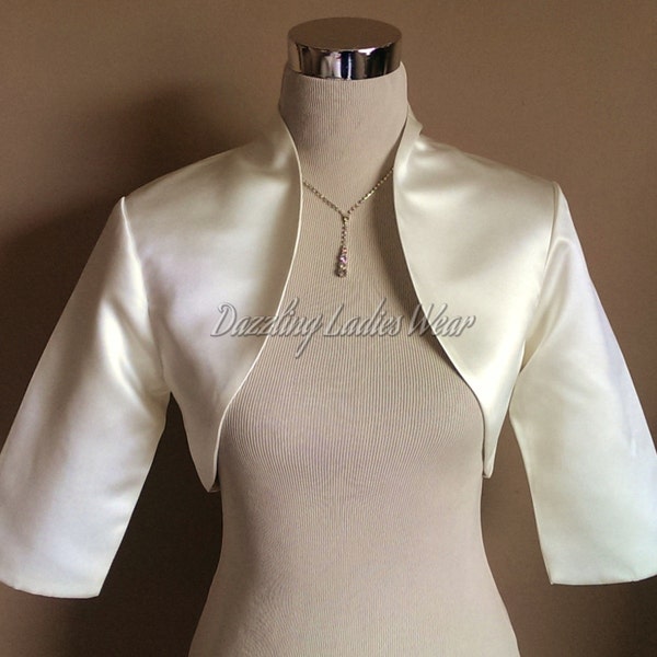 Ivory Satin Bolero Fully Lined 3/4 Sleeves / Shrug / Jacket / Shawl - UK 4-26/US 1-22